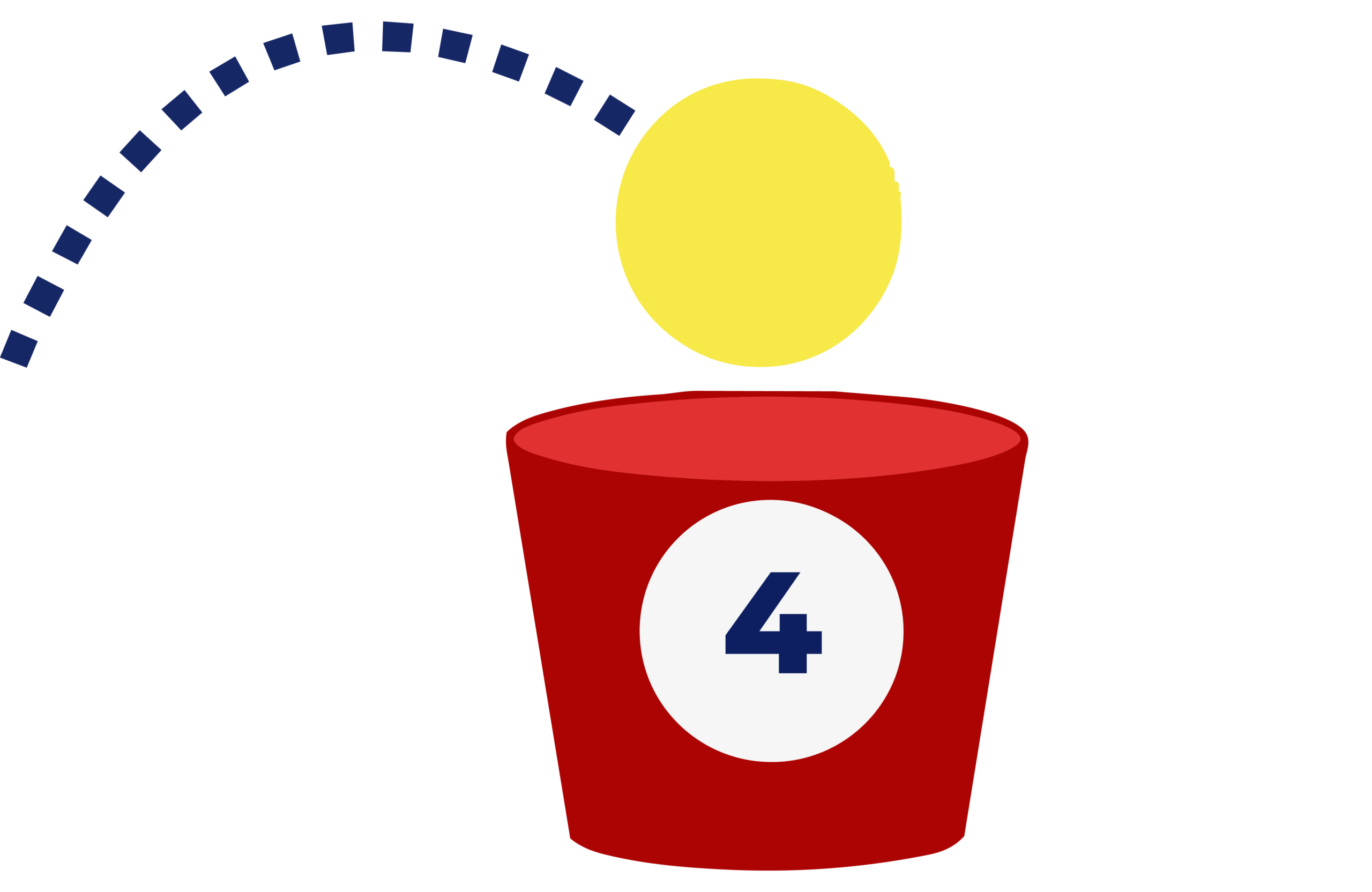 Yellow ball bouncing into red bucket labeled 4