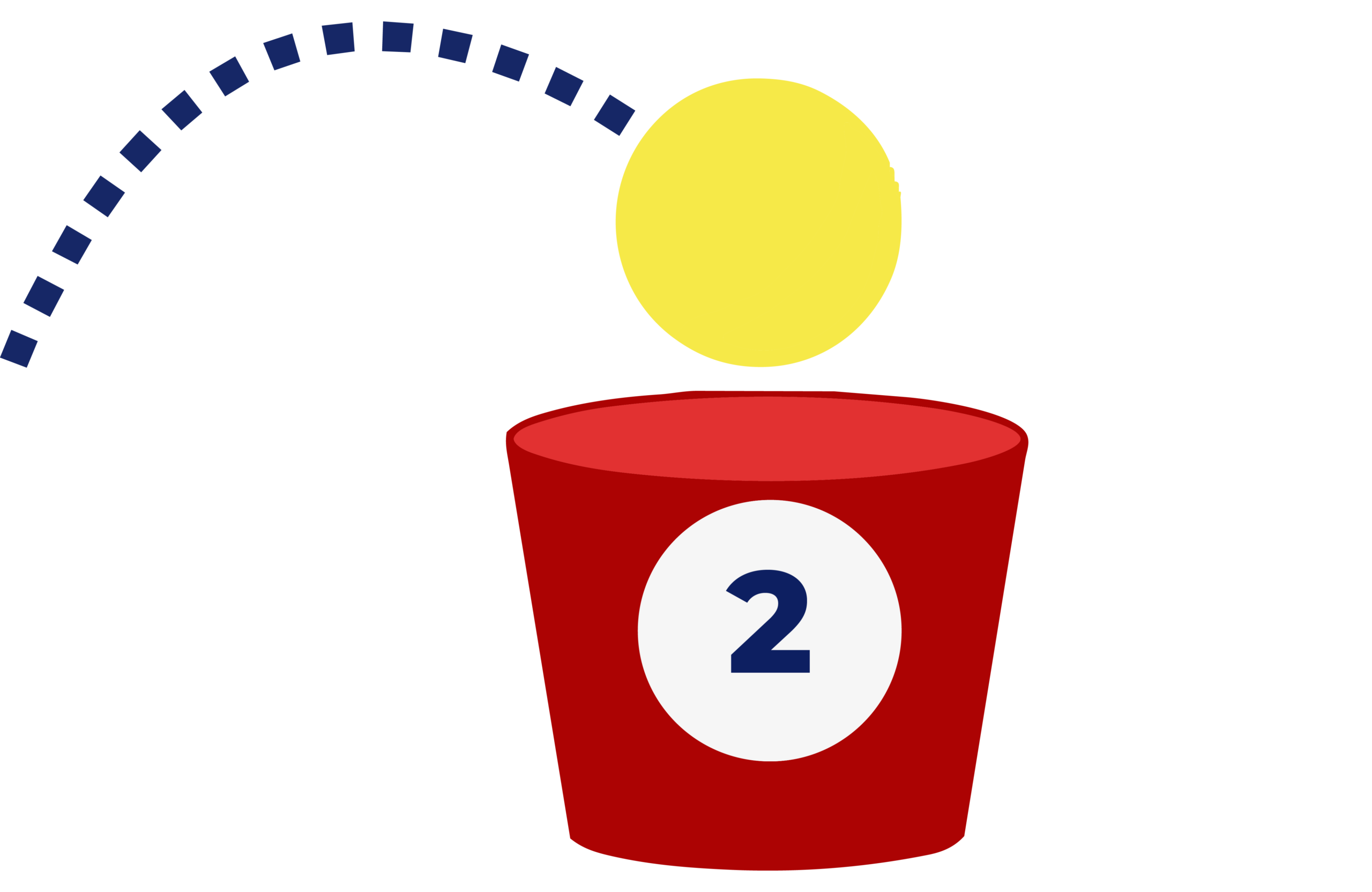 Yellow ball bouncing into red bucket labeled 2