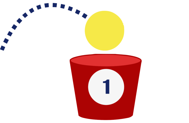 Yellow ball bouncing into red bucket labeled 1