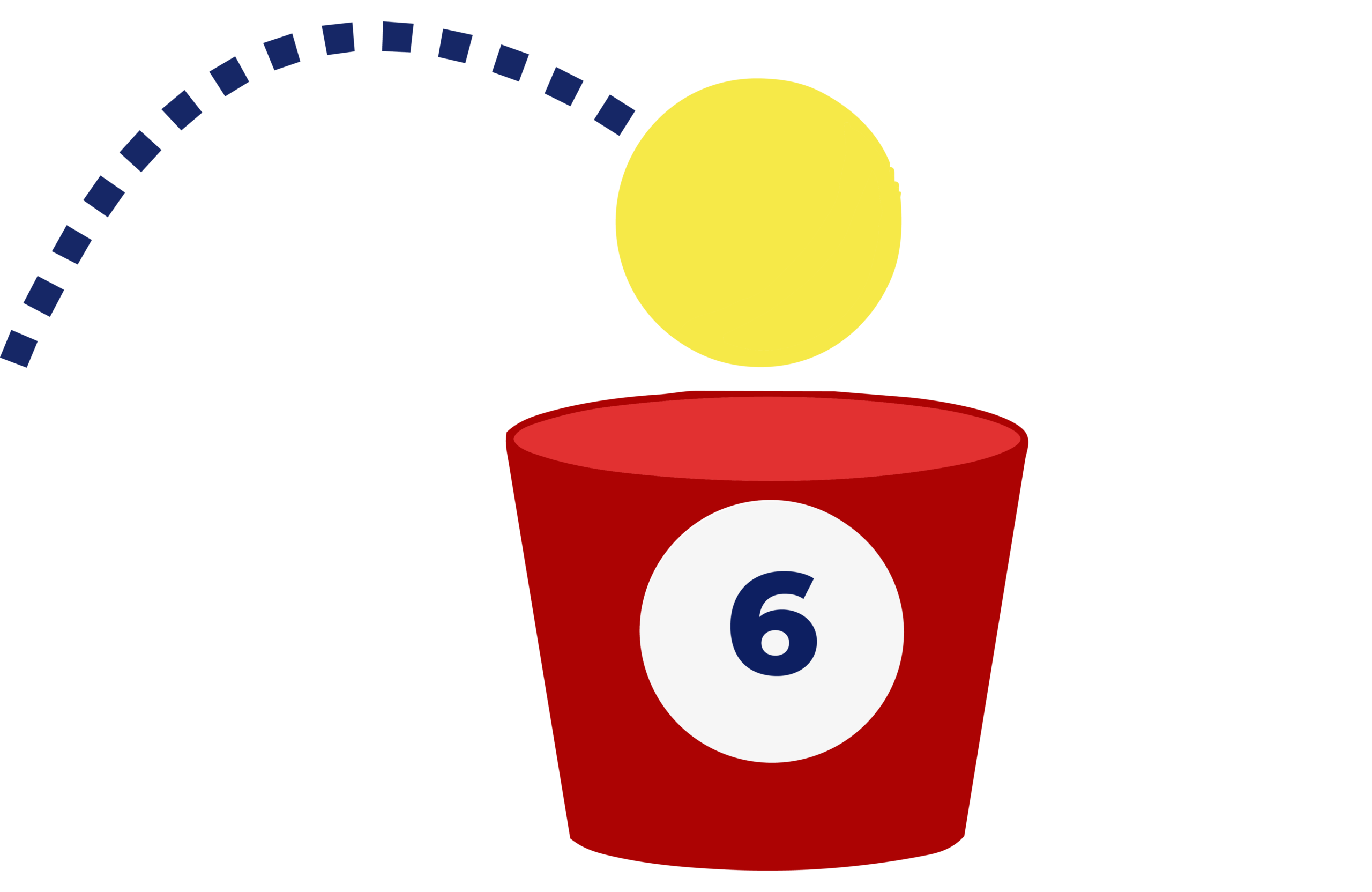 Yellow ball bouncing into red bucket labeled 6
