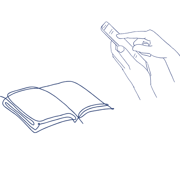illustration of hands using a cell phone to read a book.