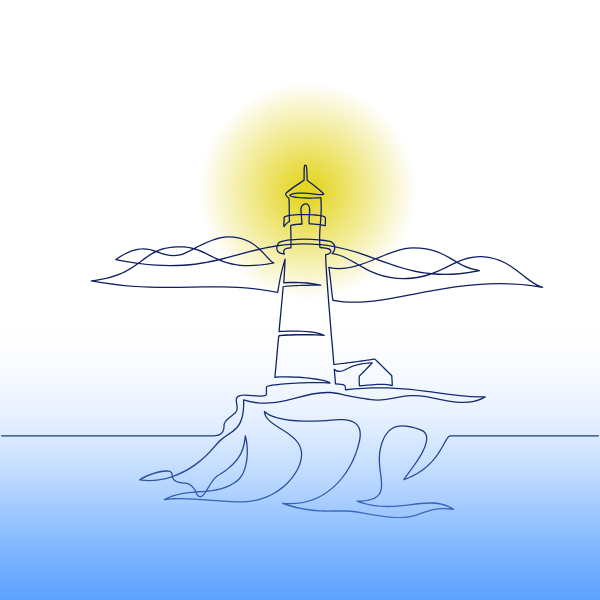 drawing of a lighthouse with yellow glow.