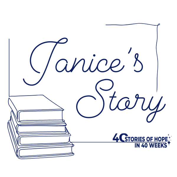 illustration of a stack of books. TEXT: Janice's Story